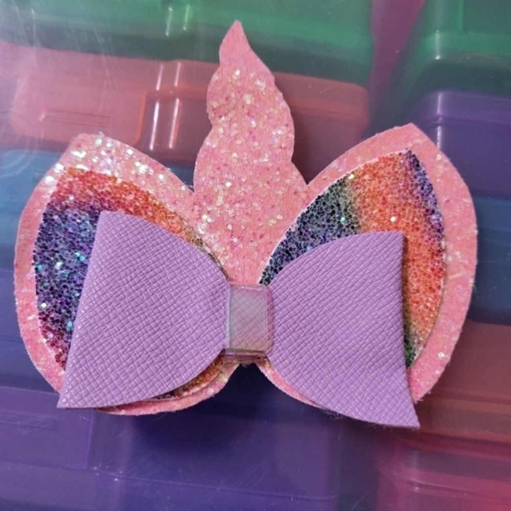 Faux leather glittery Unicorn horn clip in girls hair bow